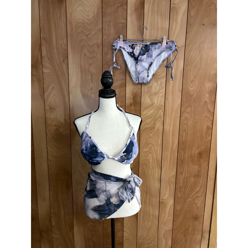 Blue Marble Print 3 Piece Bikini Set with Mesh Sarong Wrap Cover Up Large‎